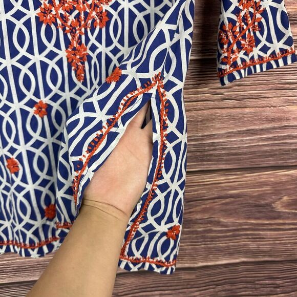 Gretchen Scott Blue Orange Stripe Embroidered Tunic Top Womens Size Medium M - Picture 7 of 7